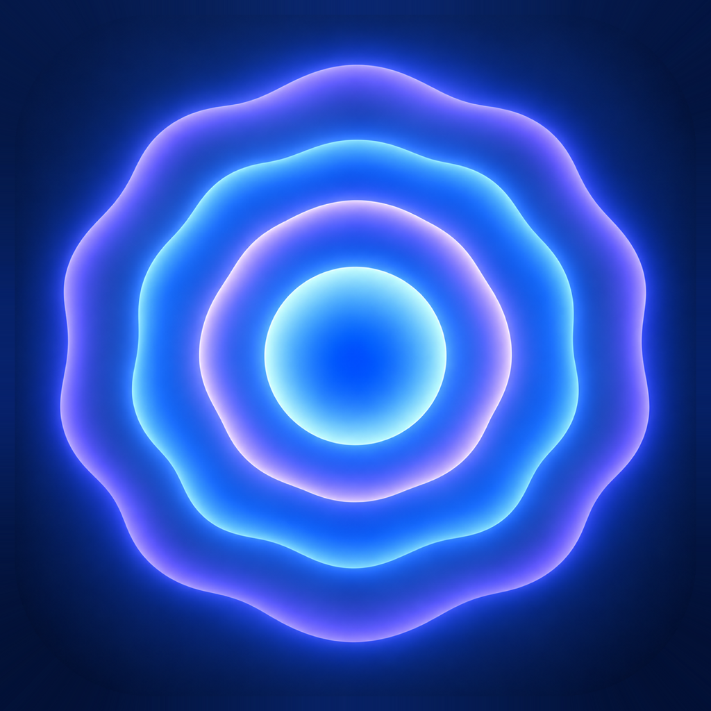 Touchward app icon: glowing blue and violet ripples around a bright center